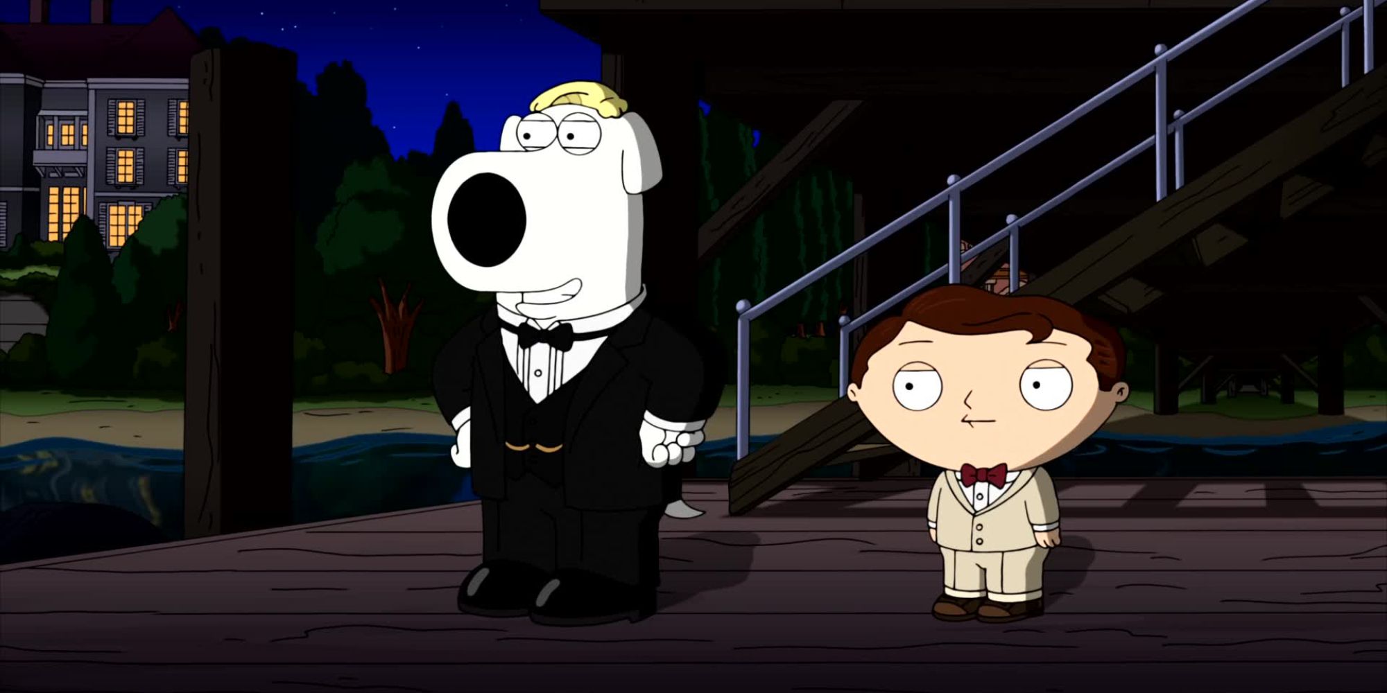 Two characters in Family Guy wear suits and stand outside a mansion at night in High school English episode.