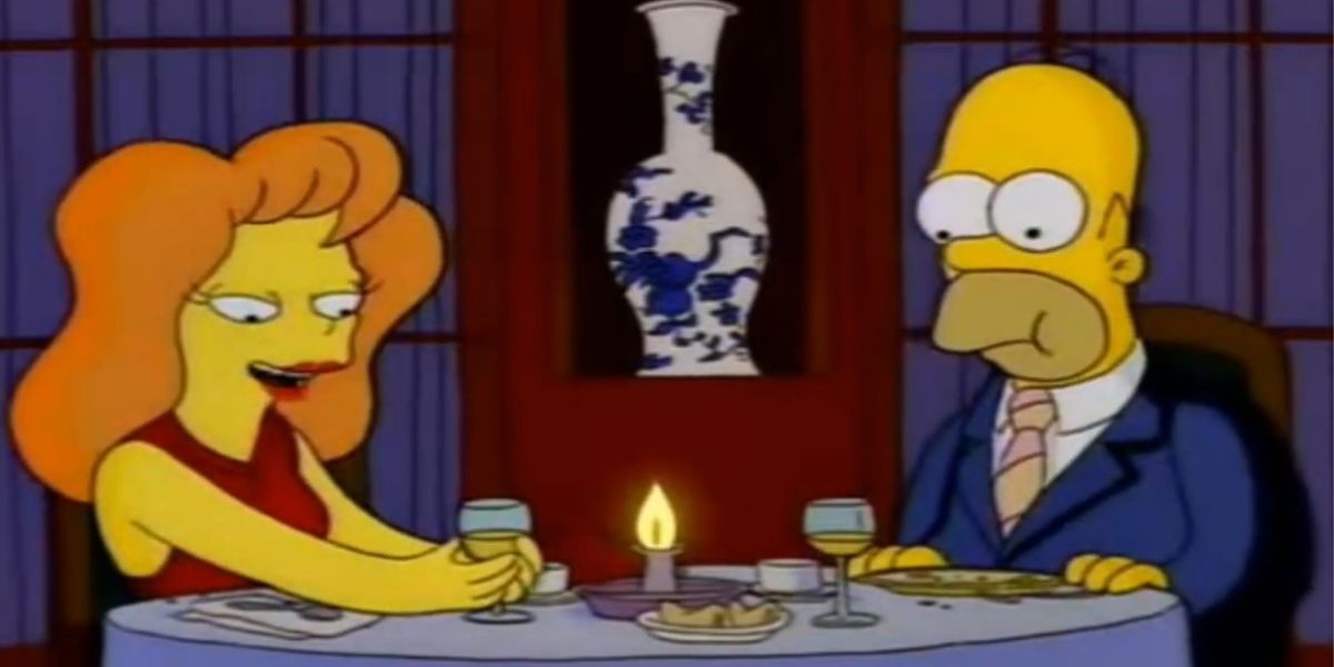 Michelle Pfeiffer as Mindy Simmons and Dan Castellaneta as Homer having dinner in The Simpsons The Last Temptation of Homer