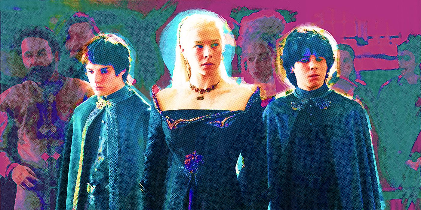 Emma D'Arcy as Rhaenyra Targaryen with Jacaerys Velaryon (Harry Collett) and Lucerys (Elliot Grihault) in House of the Dragon