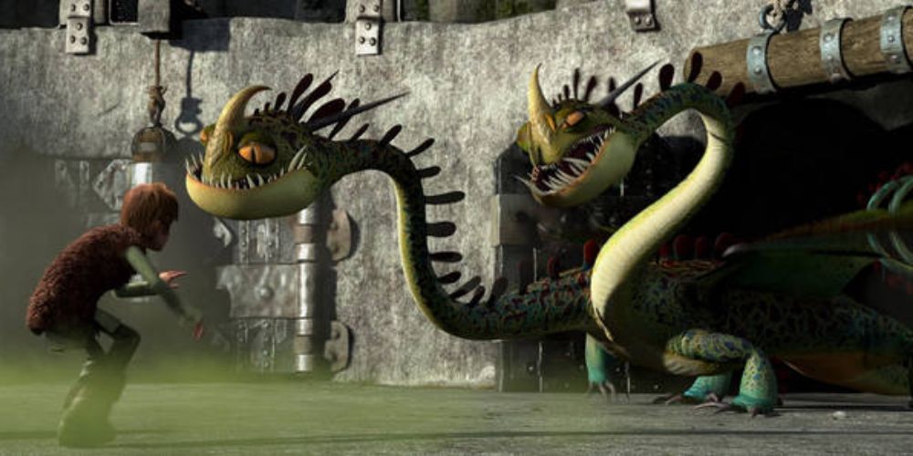 Hiccup sends Barf and Belch back into their cage using a concealed eel