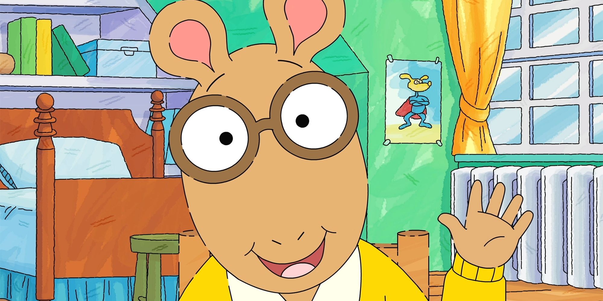 Arthur smiling and waving in &lsquo;Arthur&rsquo;
