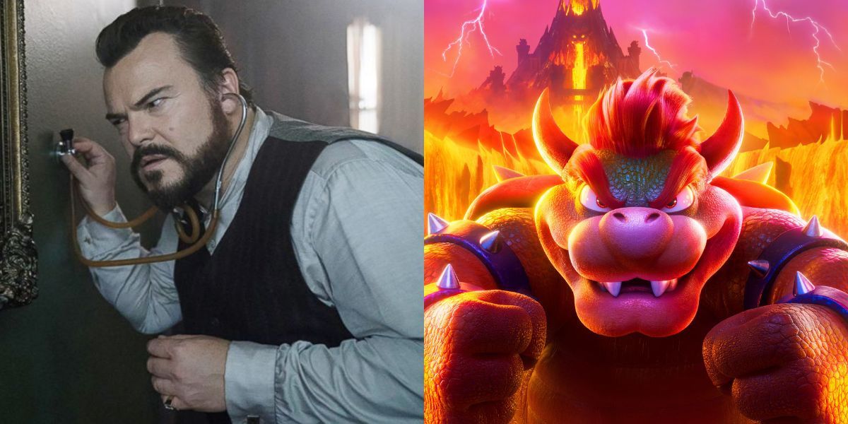 Jack Black side-by-side his Super Mario Bros Movie character Bowser