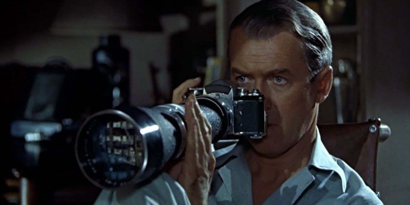 James Stewart looking out the balcony window in Rear Window