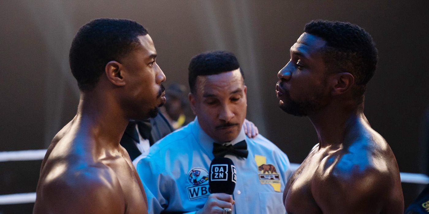 Jonathan Majors as Damian Anderson and Michael B Jordan as Adonis Creed in Creed 3