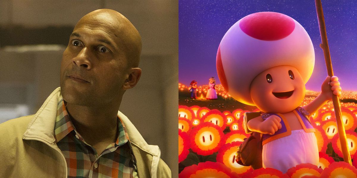 Keegan-Michael Key side-by-side his Super Mario Bros Movie character Toad