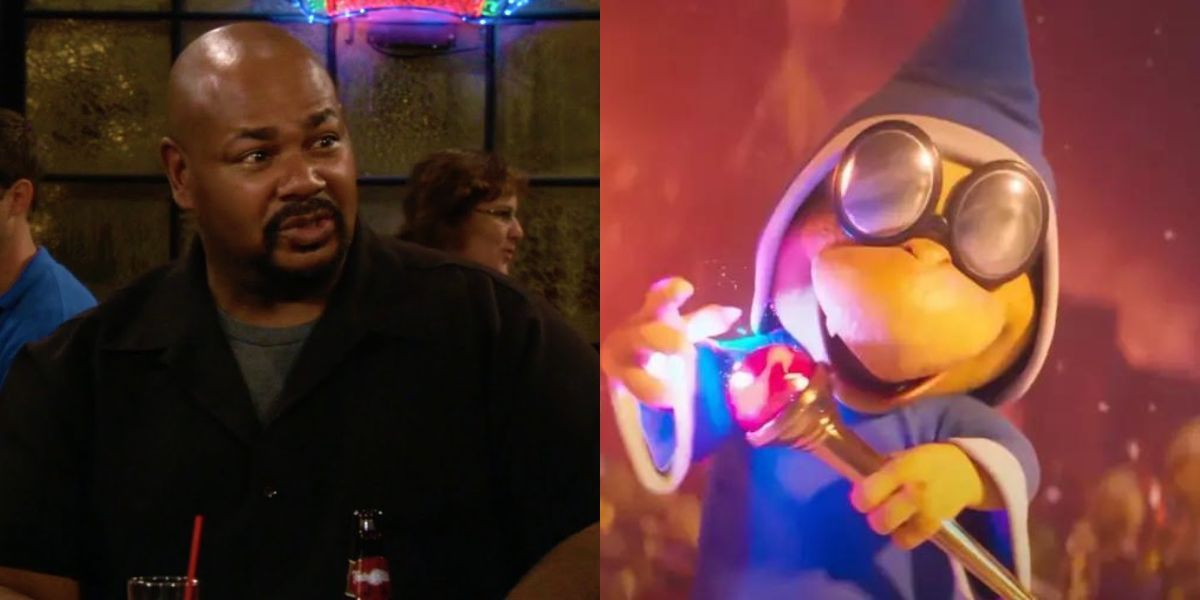 Kevin Michael Richardson side-by-side his Super Mario Bros Movie character Kamek