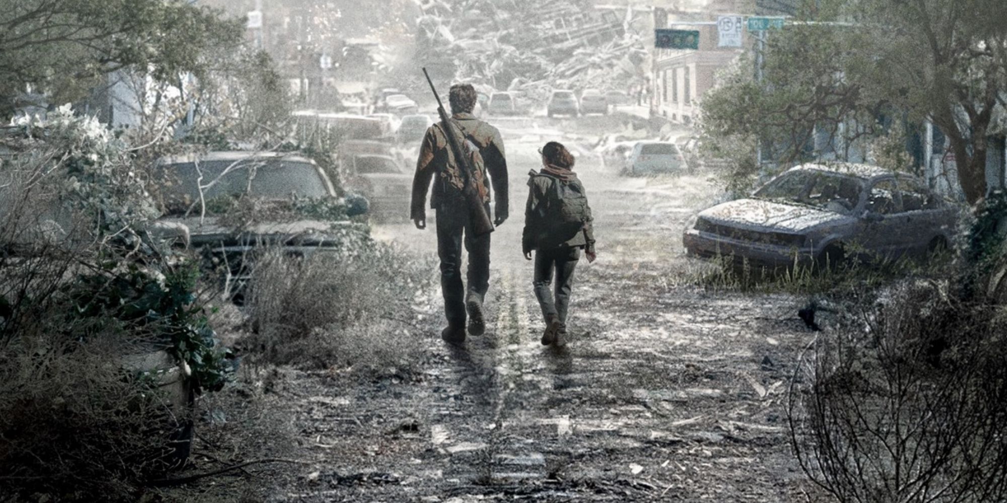 Pedro Pascal as Joel Miller and Bella Ramsay as Ellie Williams walking down a ruined street in the HBO series 'The Last of Us'