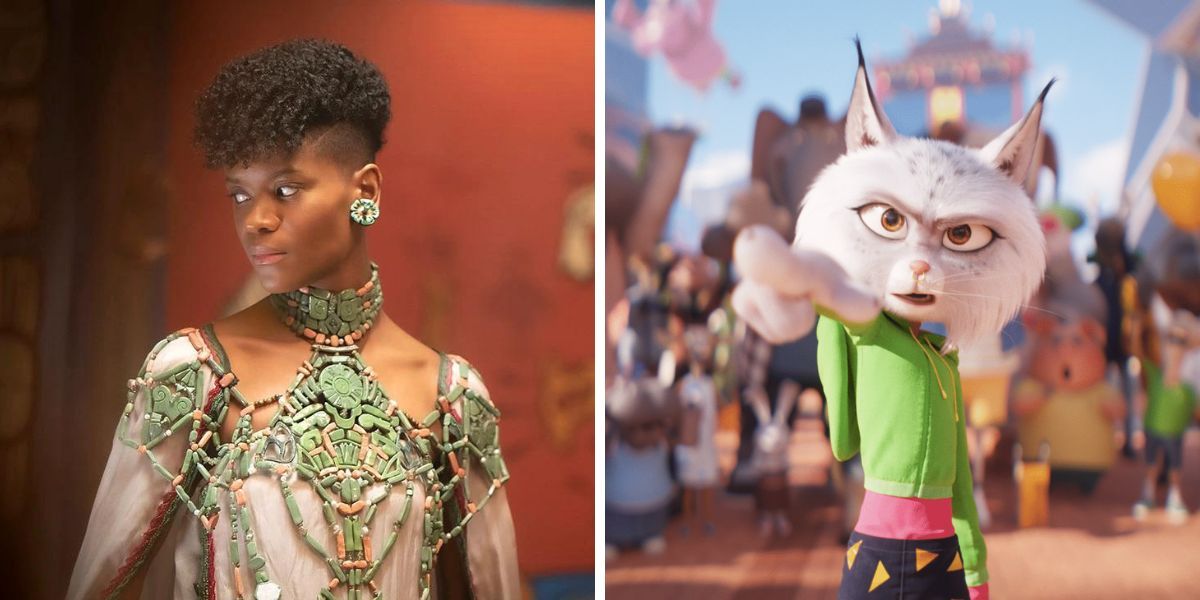 Letitia Wright side-by-side with her Sing 2 character Nooshy