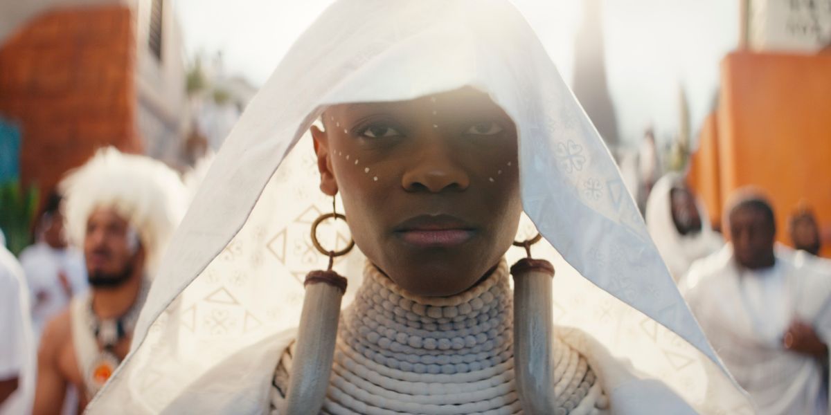 Letitia Wright as Shuri during T'Challa's funeral in Black Panther: Wakanda Forever