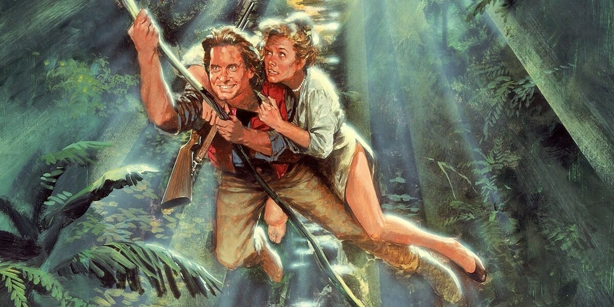Jack et Joan se balançant sur une vigne dans la jungle sur l'affiche du film Romancing the Stone.