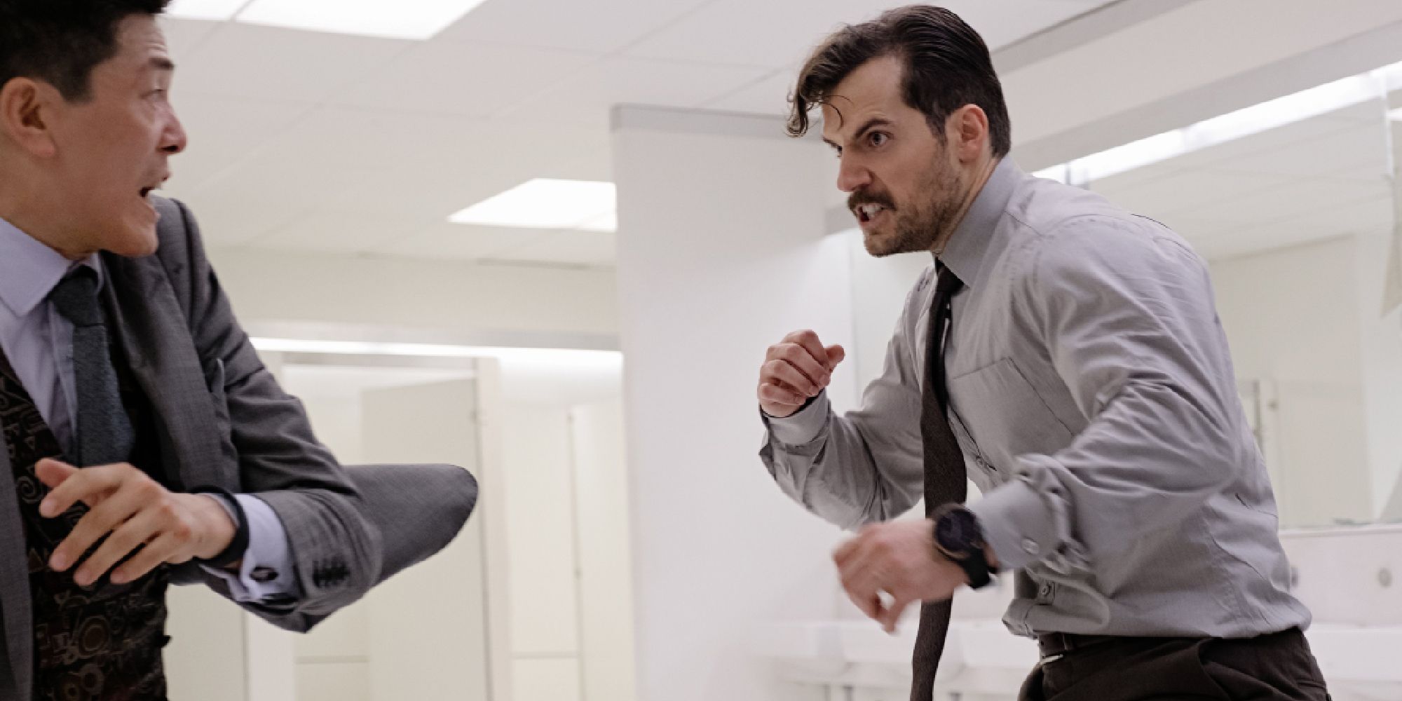 Henry Cavill fighting a man in a bathroom in Mission: Impossible Fallout