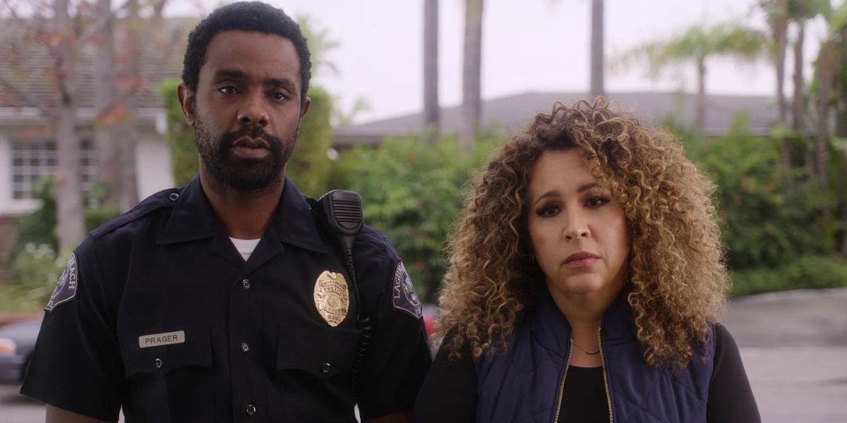 Brandon Scott as Nick with Diana Maria Riva as Detective Perez in Netflix's Dead to Me Season 3