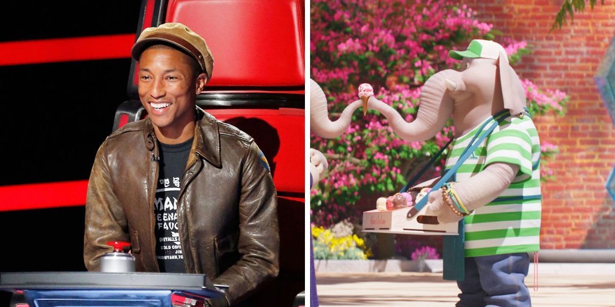 Pharrell Williams side-by-side with his Sing 2 character Alfonso