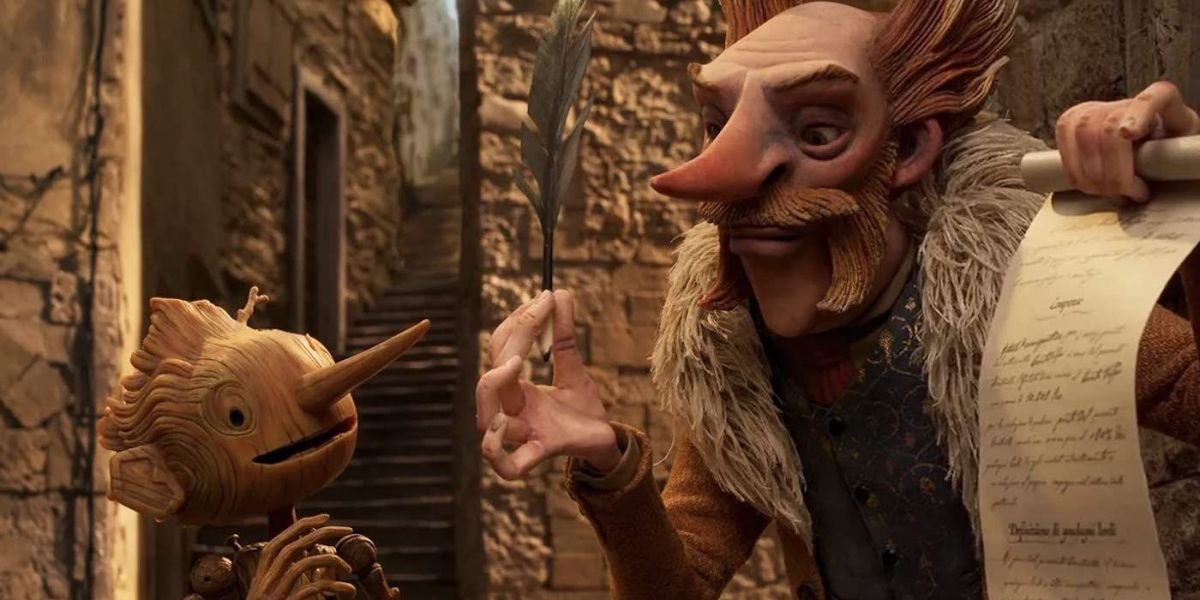 Pinocchio and Count Volpe talking in Guillermo Del Toro's Pinocchio