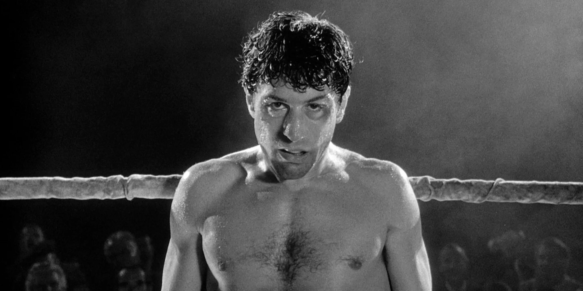 Jake LaMotta on the ring looking at the camera in Raging Bull