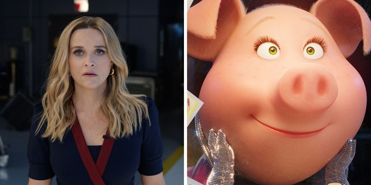 Reese Witherspoon side-by-side with her Sing 2 character Rosita 