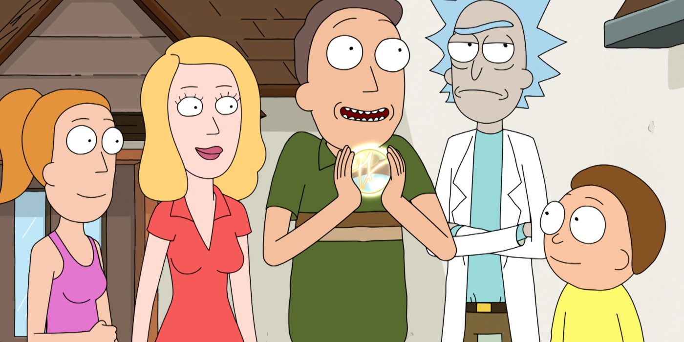 Rick (Justin Roiland), Morty (Justin Roiland), Summer (Spencer Grammer), Jerry (Chris Parnell), and Beth (Sarah Chalke) standing together in Rick and Morty