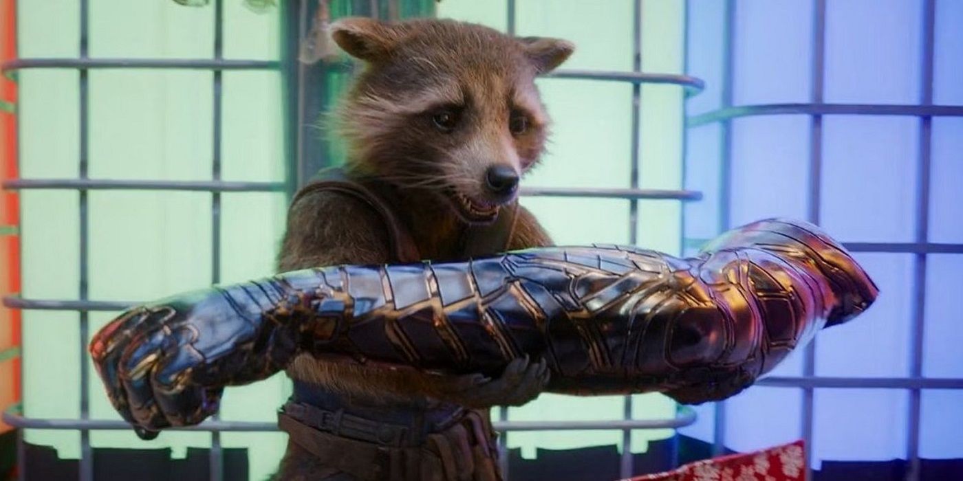 rocket raccoon with bucky's arm in guardians of the galaxy holiday special
