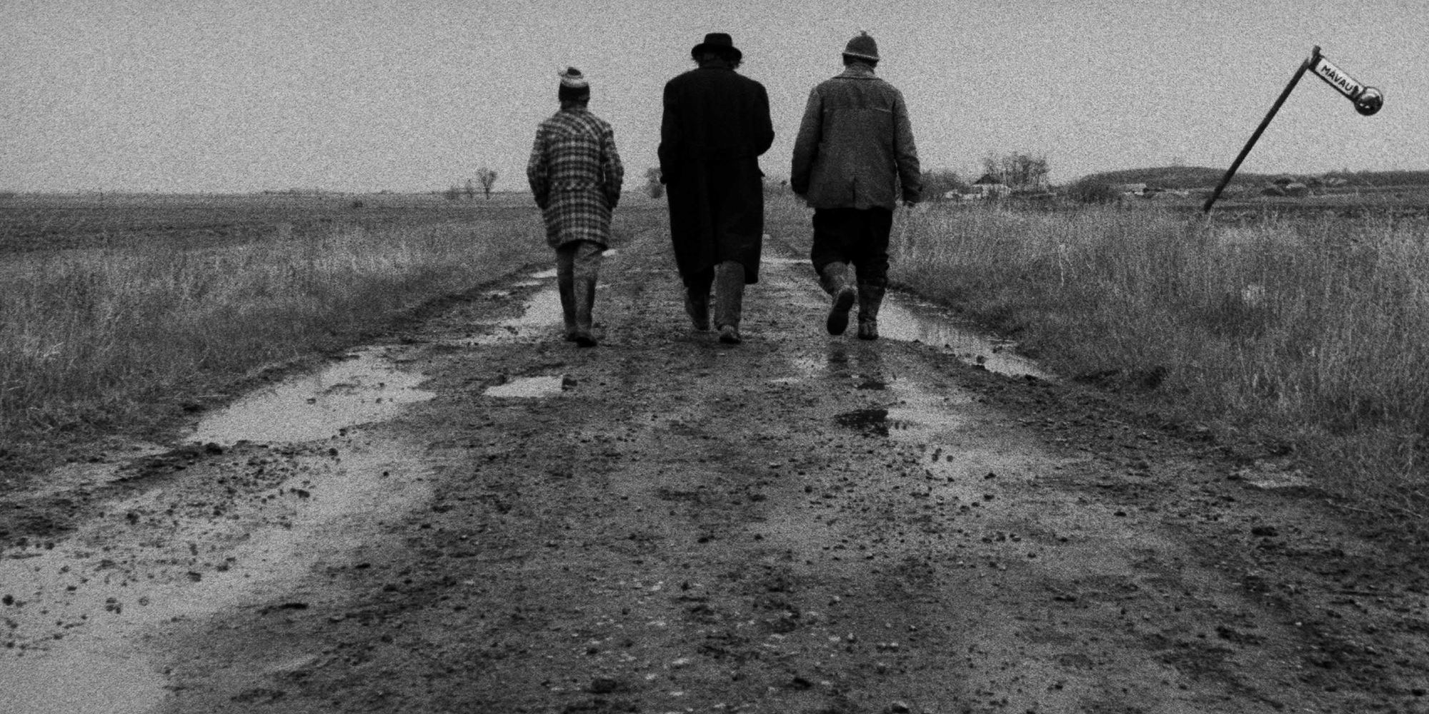 Três homens andando por um caminho de terra em Satantango
