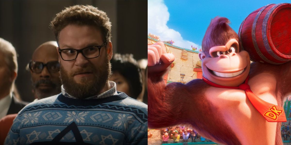 Seth Rogen side-by-side with his Super Mario Bros Movie character Donkey Kong