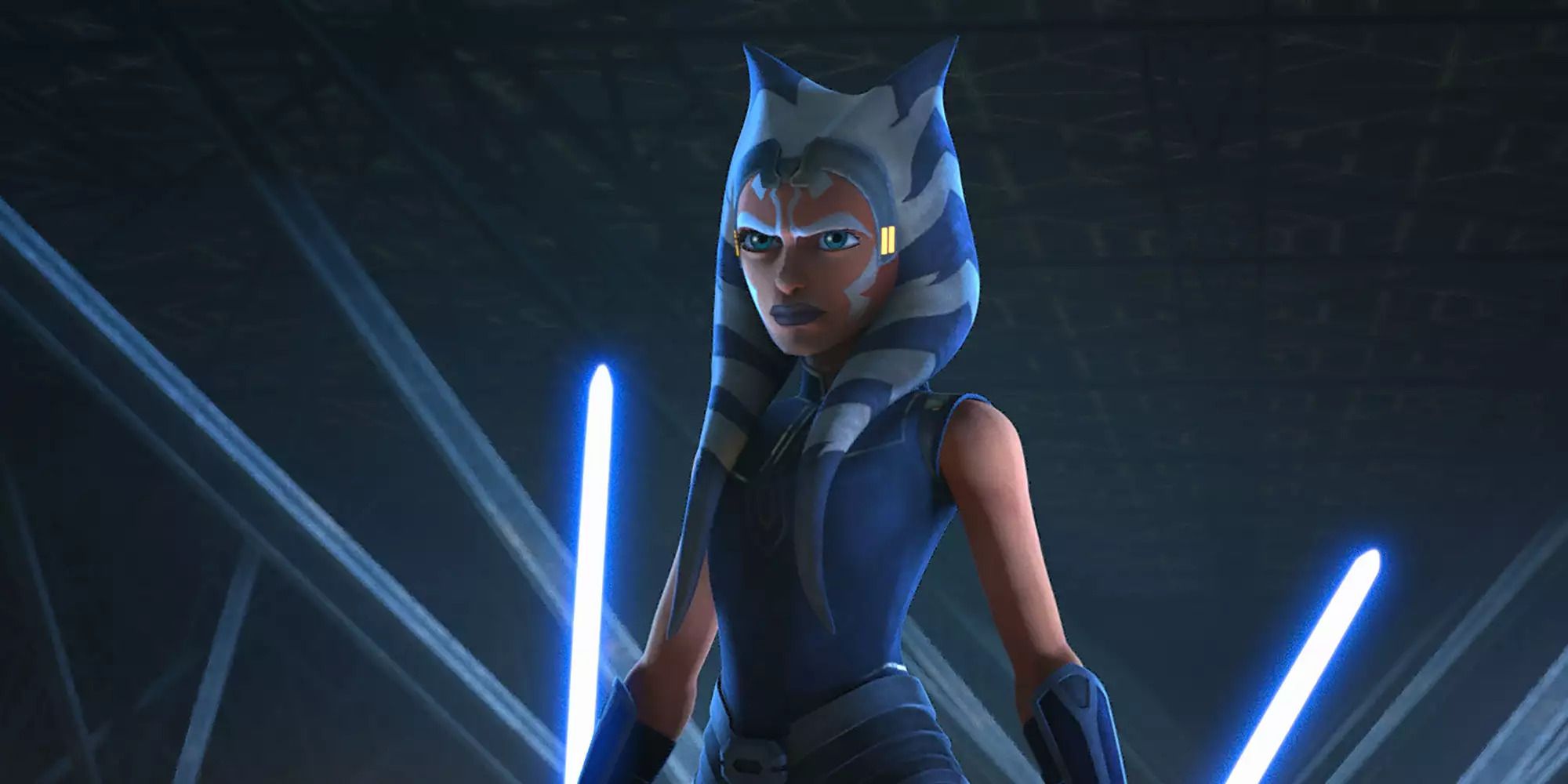 Ahsoka Tano holding her blue lightsabers from 'Star Wars: The Clone Wars'