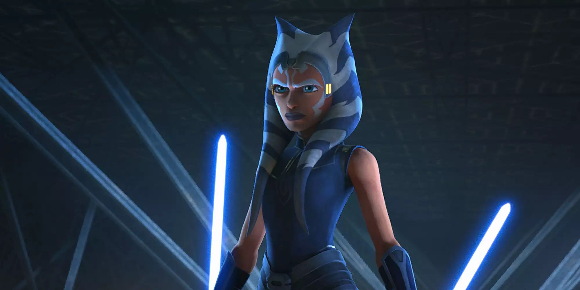 Ahsoka Tano holding her blue lightsabers of 