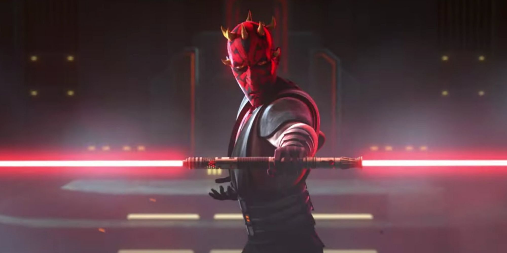Darth Maul holding red double-bladed lightsaber in the final season of 'Star Wars: The Clone Wars'