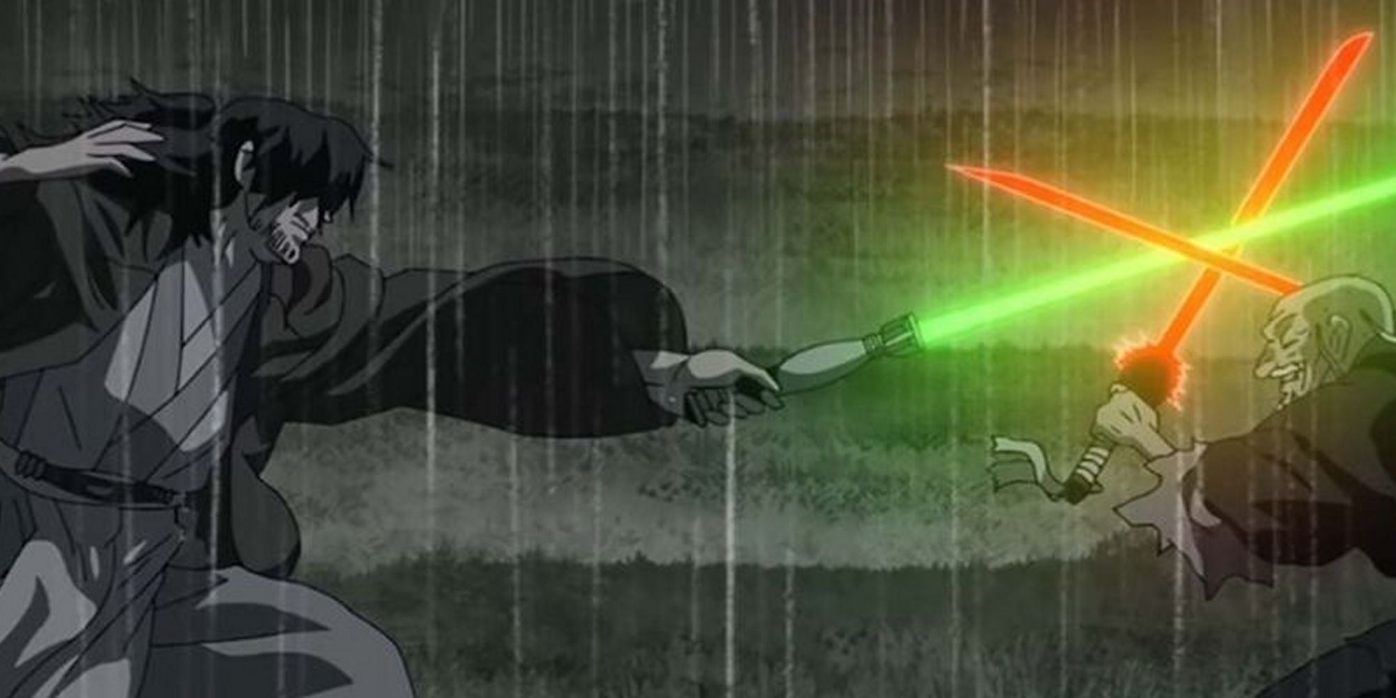 Tajin Crosser fighting The Elder in the rain in 'Star Wars: Visions' 