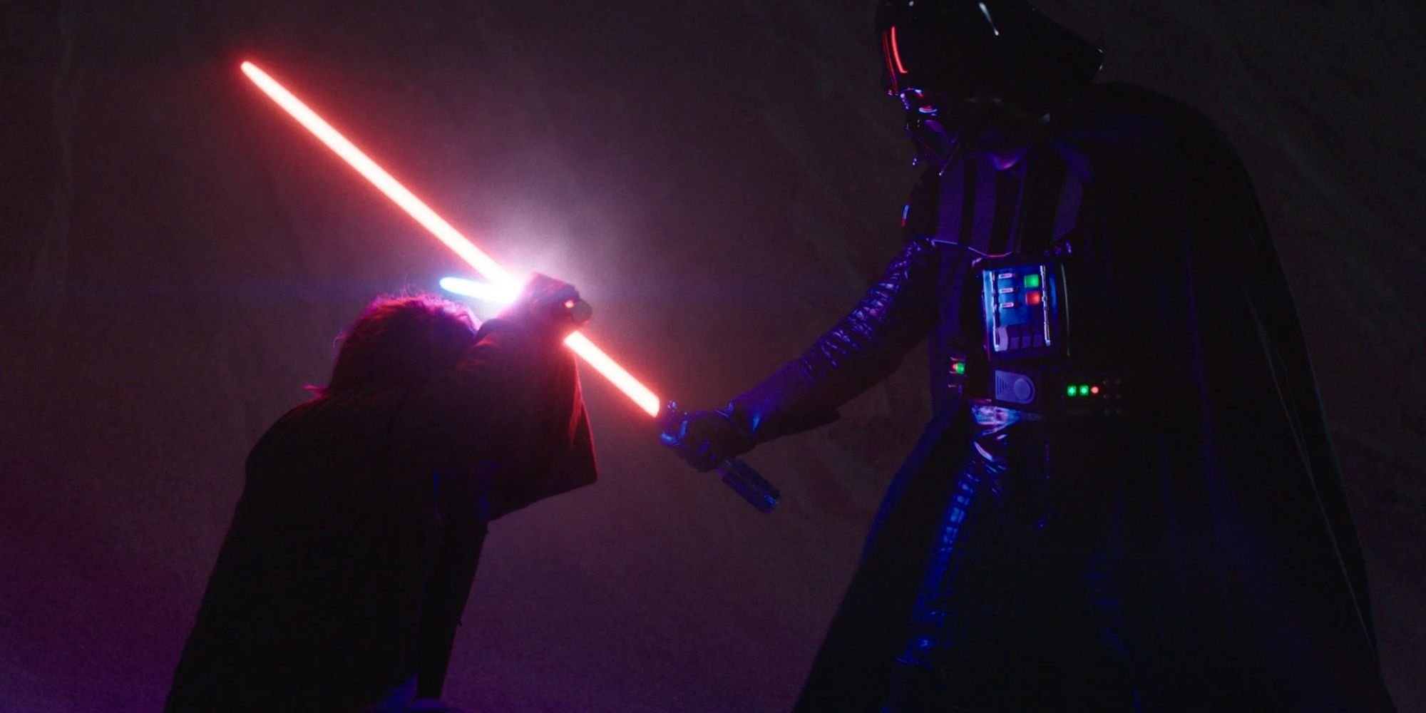 Obi-Wan Kenobi and Darth Vader fight in the dark