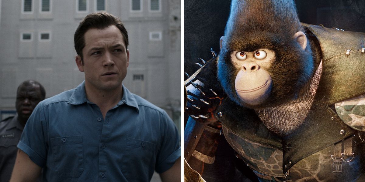 Taron Egerton side-by-side with his Sing 2 character Johnny