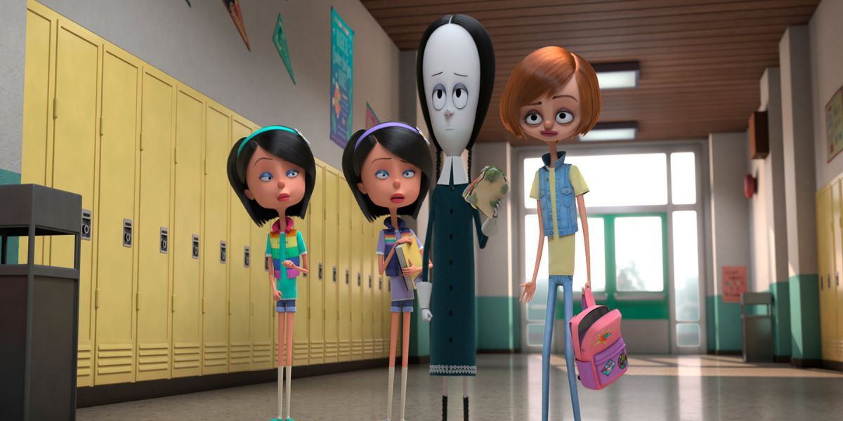 Wednesday Addams at school with three girls in the 2019 animated film The Addams Family