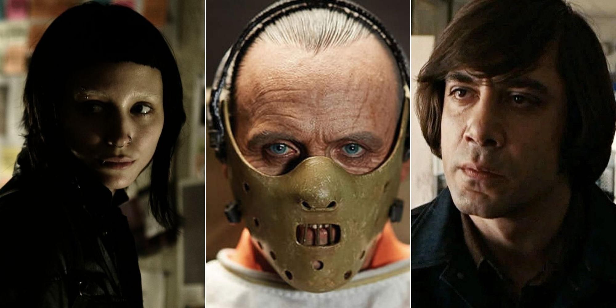 Split image of the girl with the dragon tattoo's Rooney Mara the silence of the lambs anthony hopkins and no country for old men's javier bardem