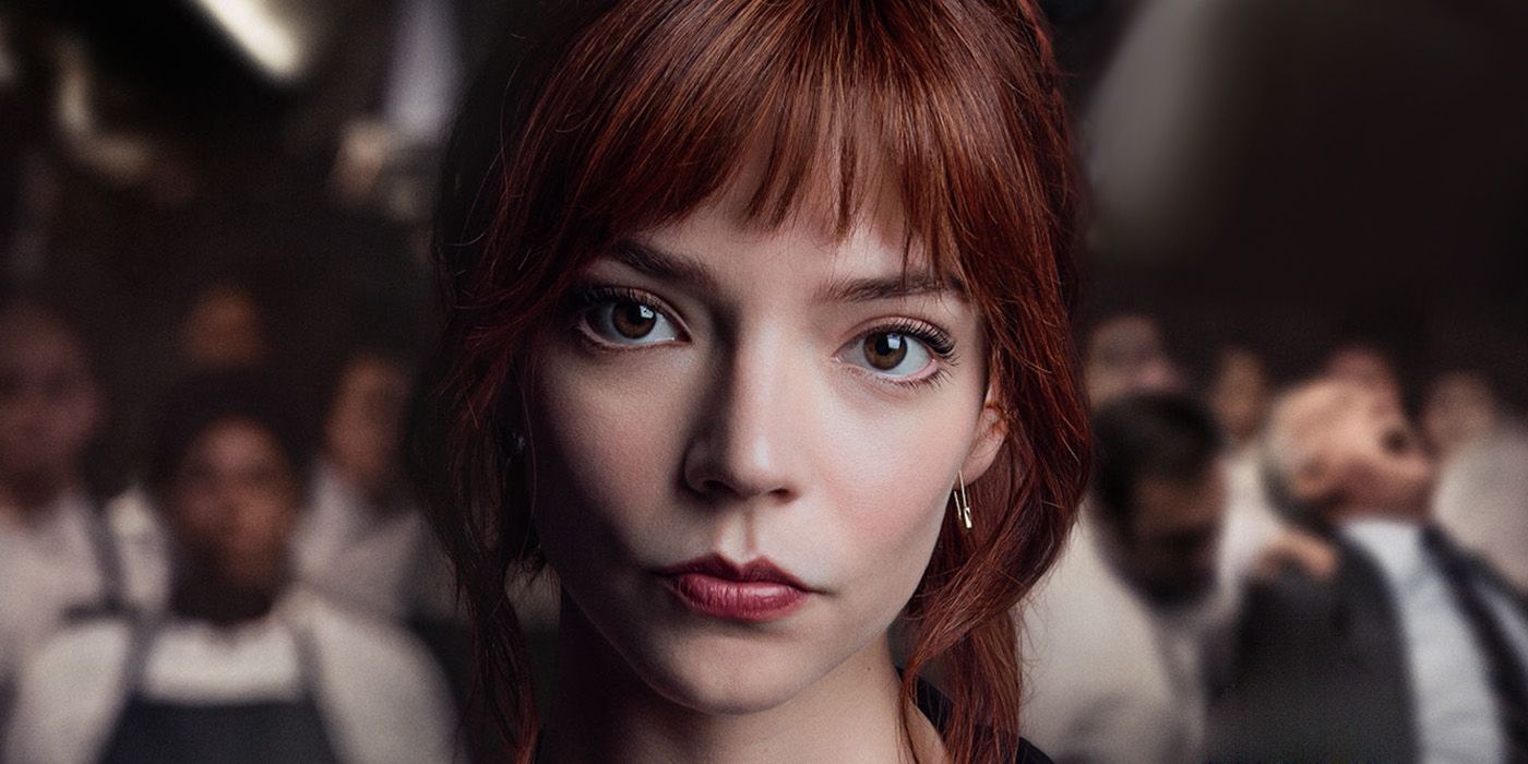 A poster for The Menu showing Anya Taylor-Joy looking at the camera with people in the background.