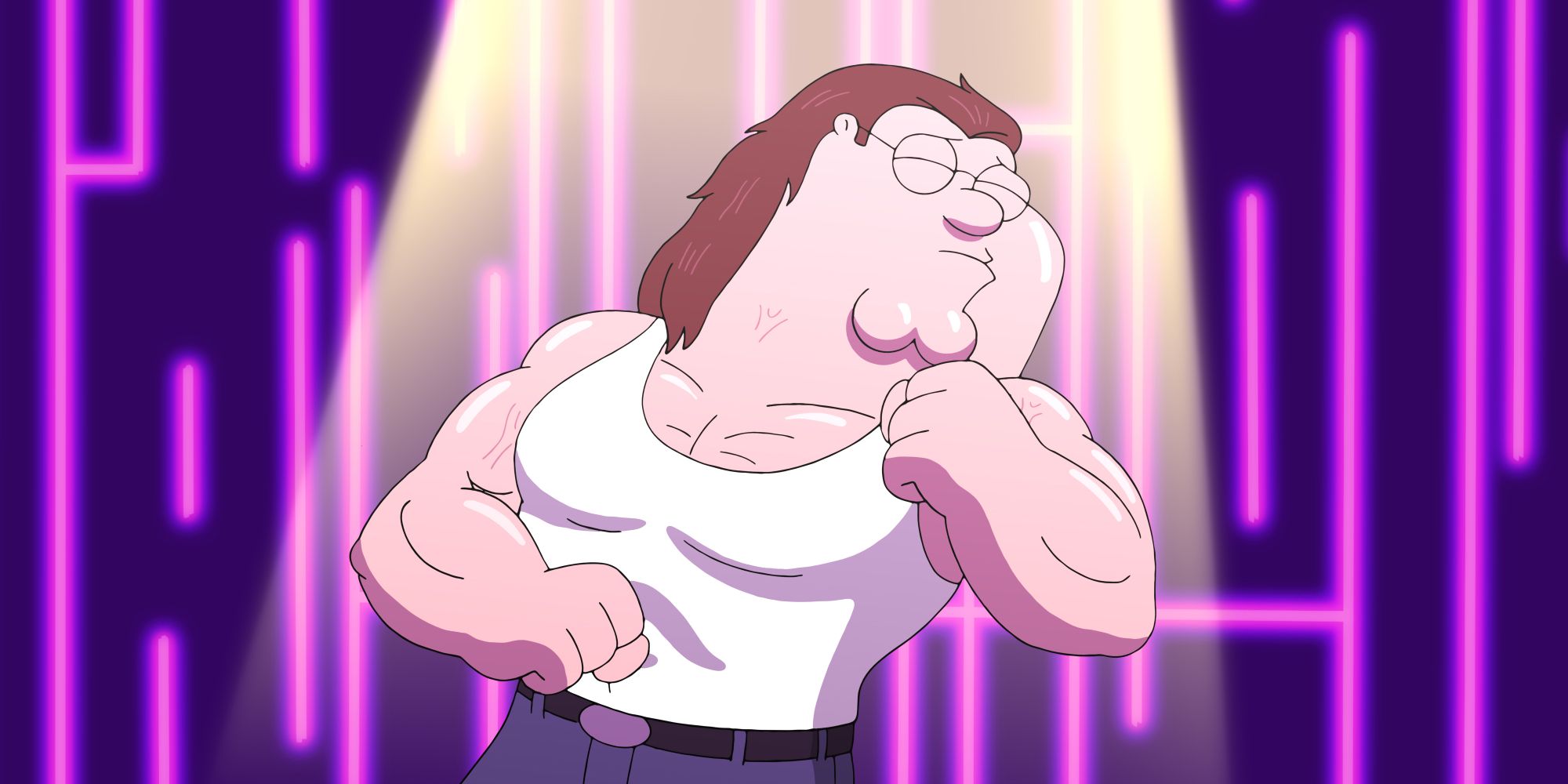 Peter has a muscular figure and stands under a spotlight in a parody episode in Family Guy, Three Directors.