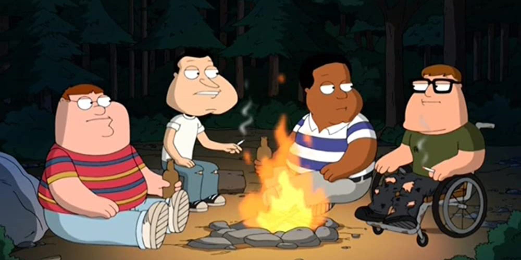 Peter, Quagmire, Cleveland, and Joe as the cast of Stand By Me in Family Guy