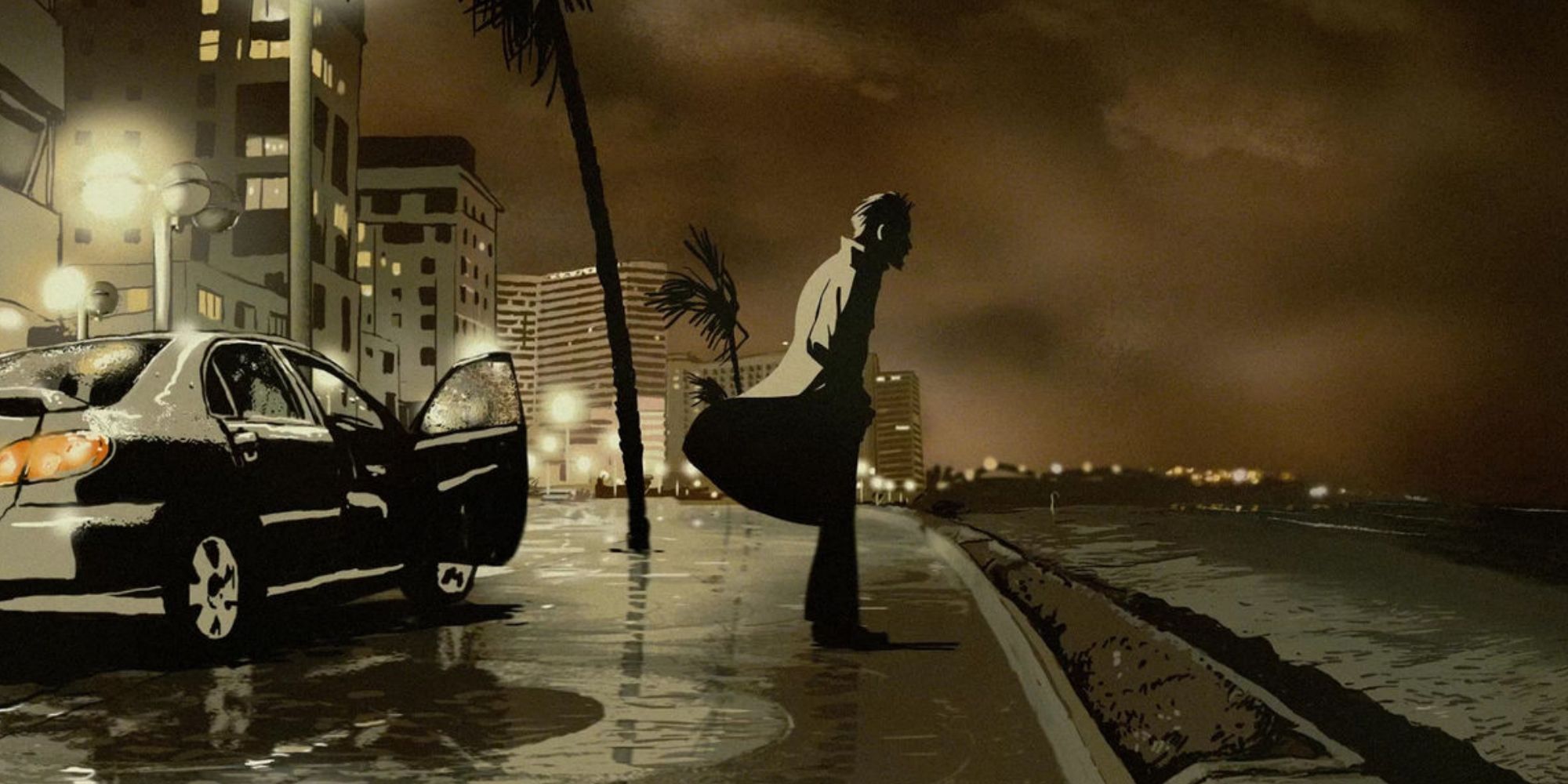 Ari Folman looking out at the water beside a car in 'Waltz with Bashir'