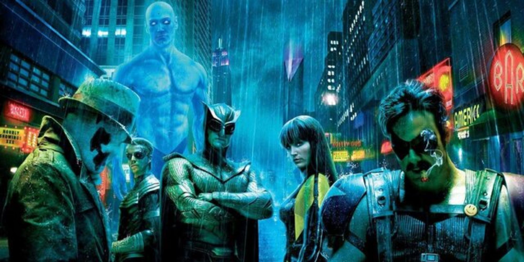 The Watchmen under the rain in a promo image for the 2008 movie Watchmen.