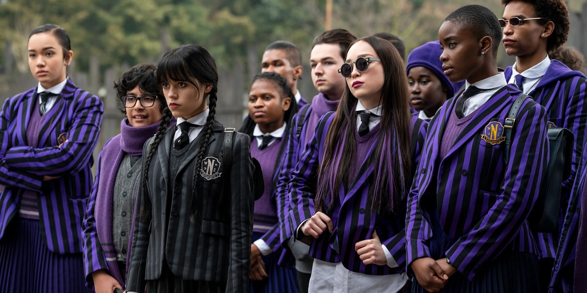 Wednesday Addams with her peers at Nevermore Academy in 'Wednesday.'