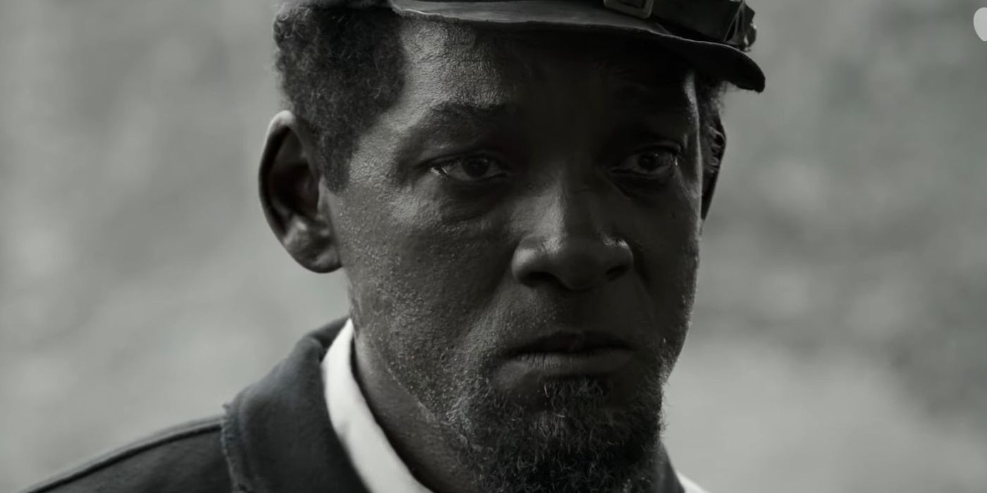 A close-up of a man looking emotional in Emancipation.