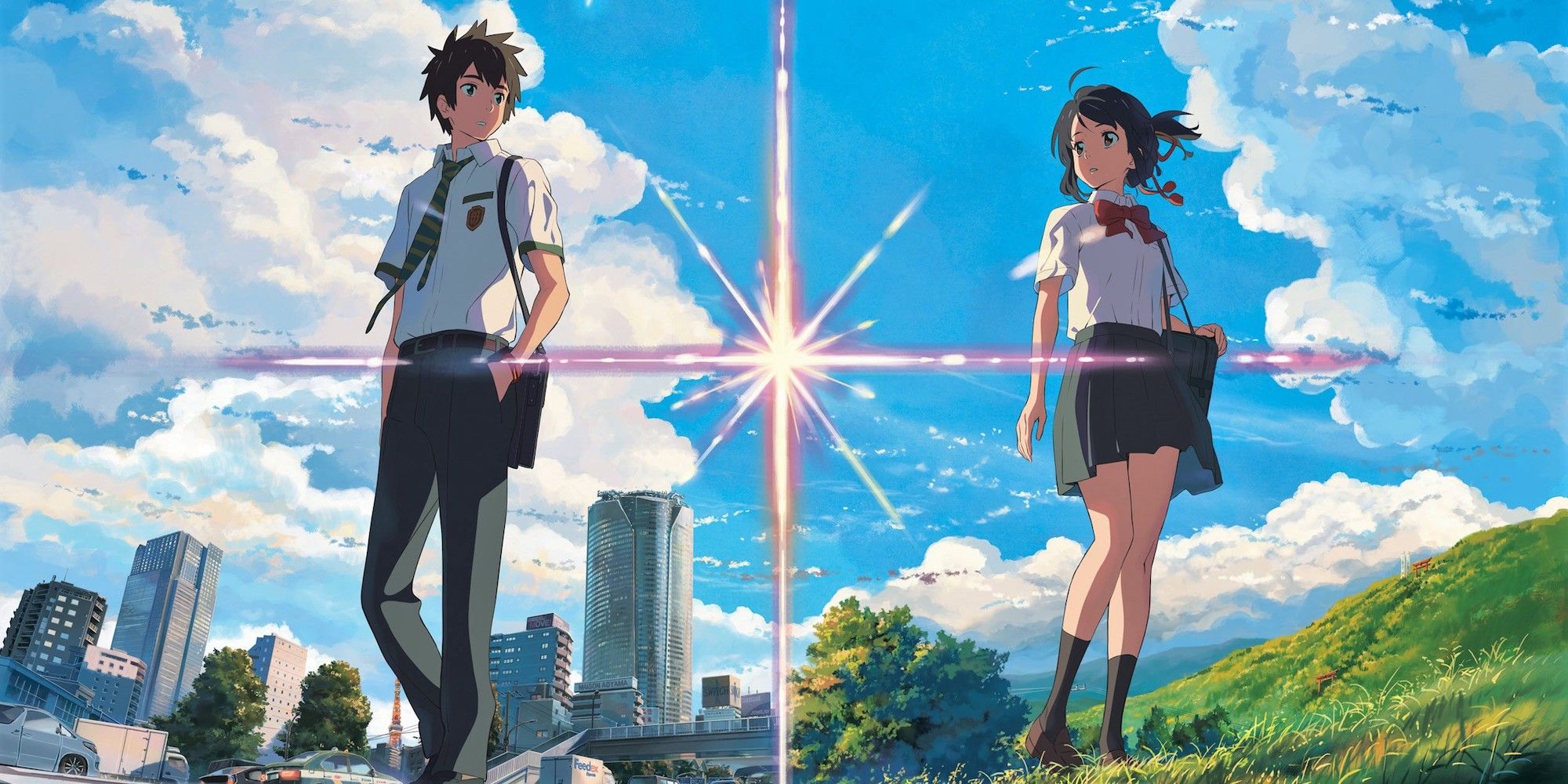 Mitsuha Miyamizu and Taki Tachibana separated by a glowing star in 'Your Name'