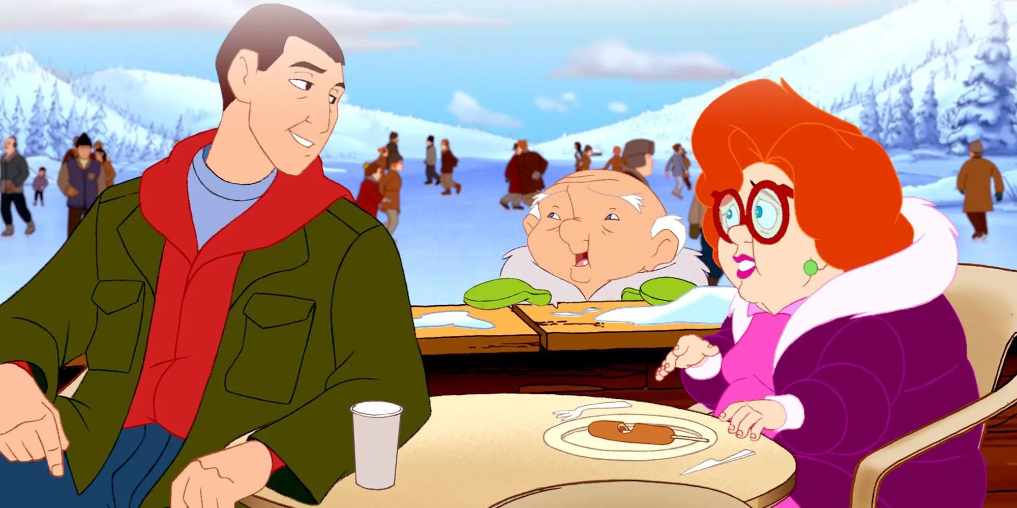 Davey Stone talking to his parents at a snowy resort in Eight Crazy Nights