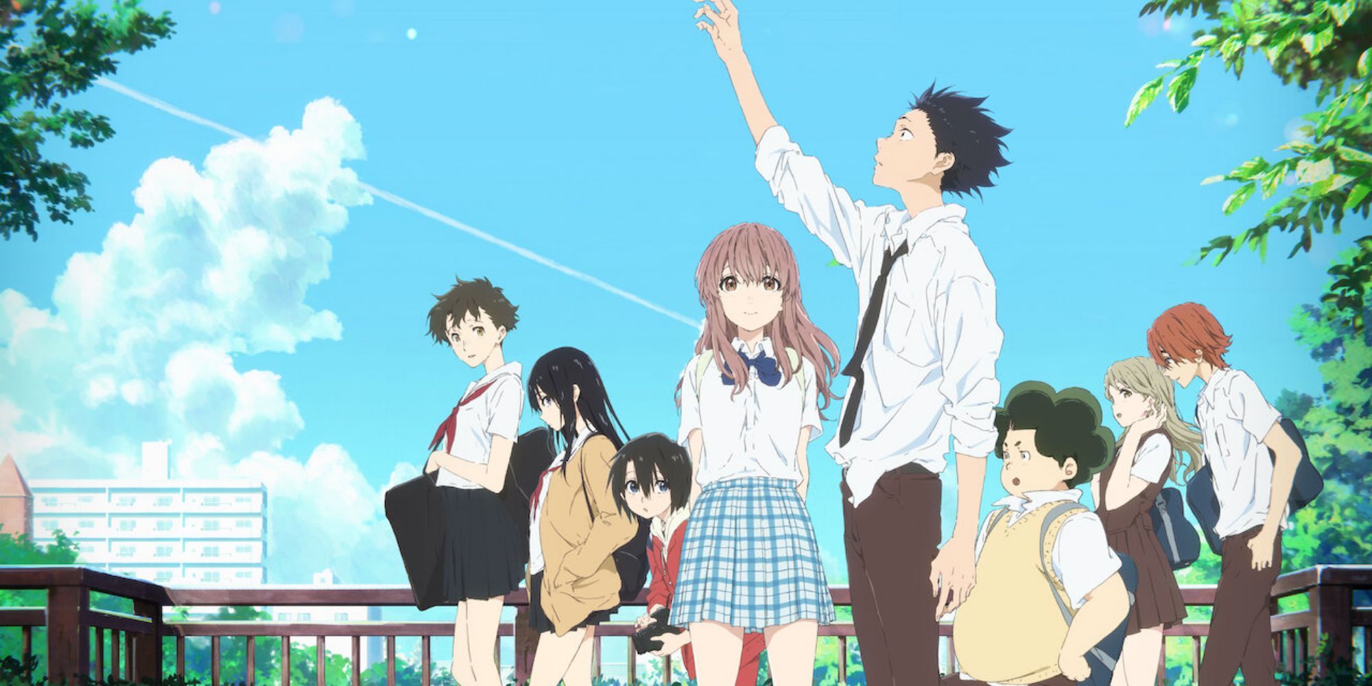 A group of students standing on a street in A Silent Voice