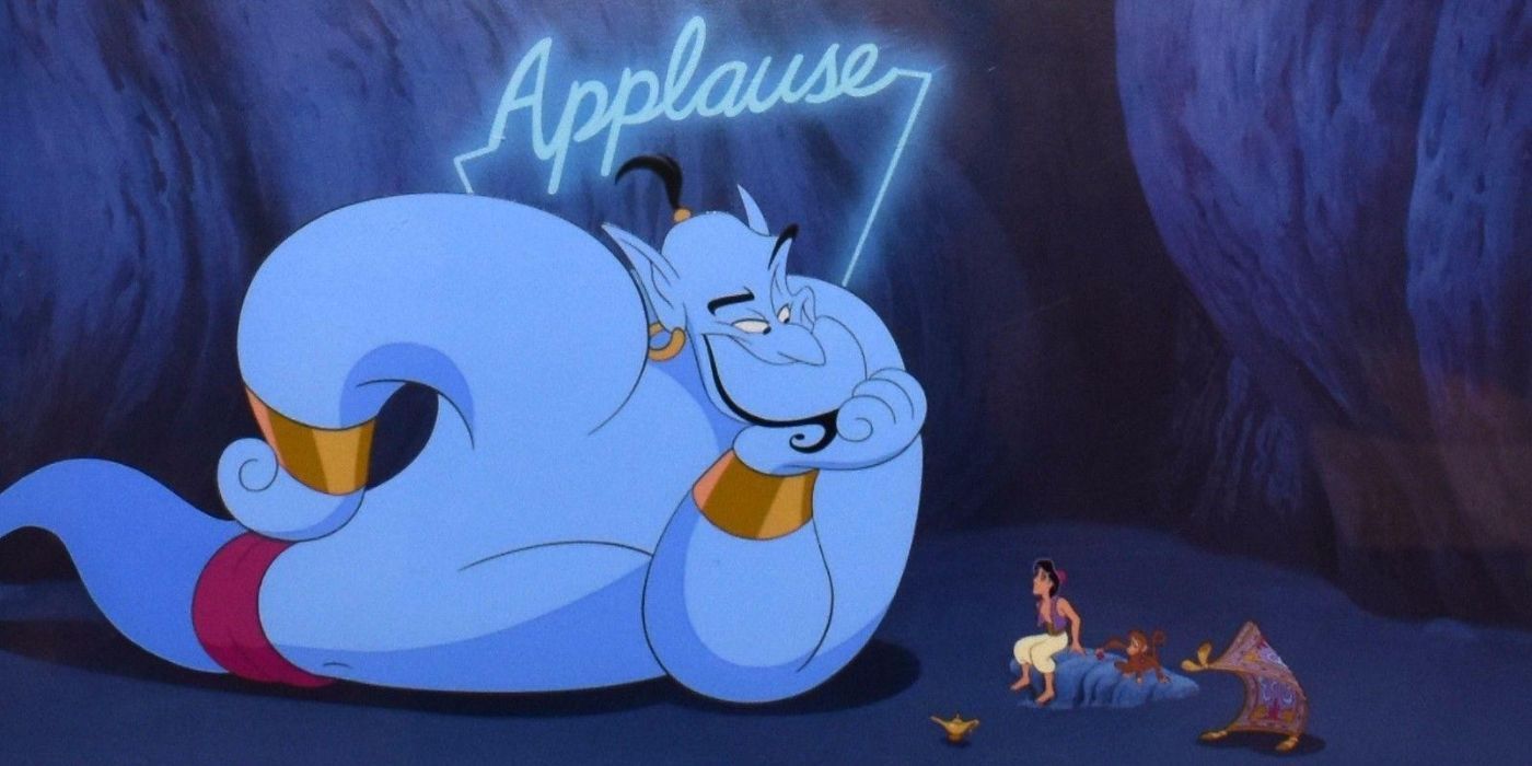 The Genie smiling with a sign of aaplause above him while Aladdin and Abu look at him.