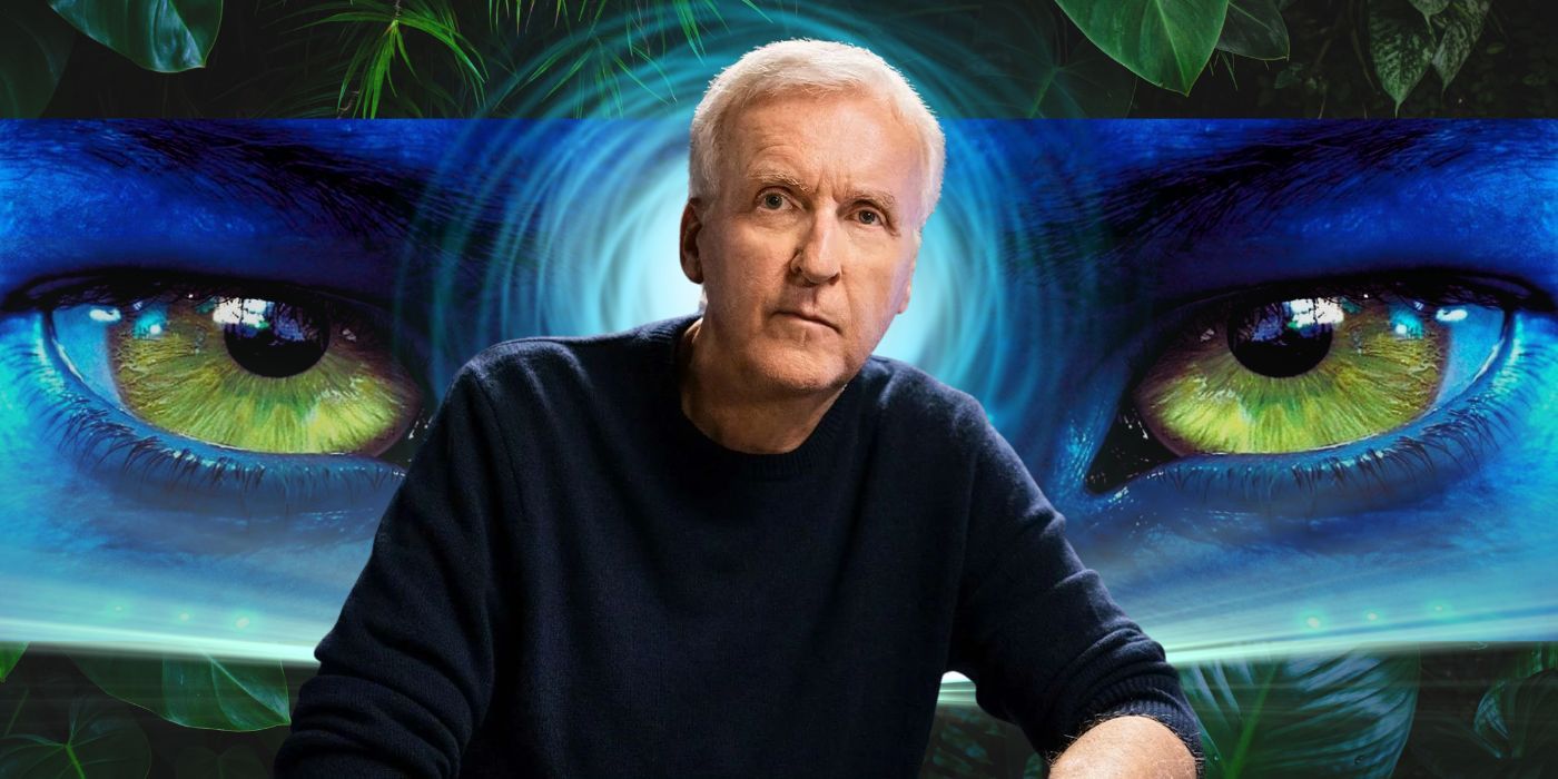 Blended image of James Cameron and the eyes of one of his Avatar characters.