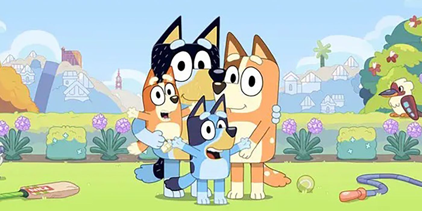 The family from Bluey pose together outside happily