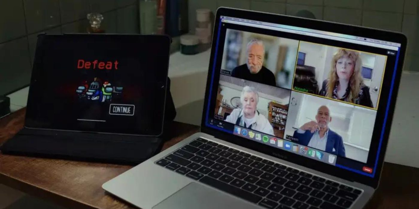 Stephen Sondheim, Natasha Lyonne, Angela Lansbury, and Kareem Abdul-jabbar on a zoom call in Glass Onion