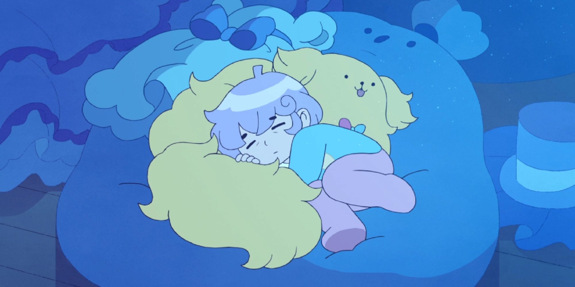 Cardamon snuggling on a bed in 'Bee and PuppyCat.'