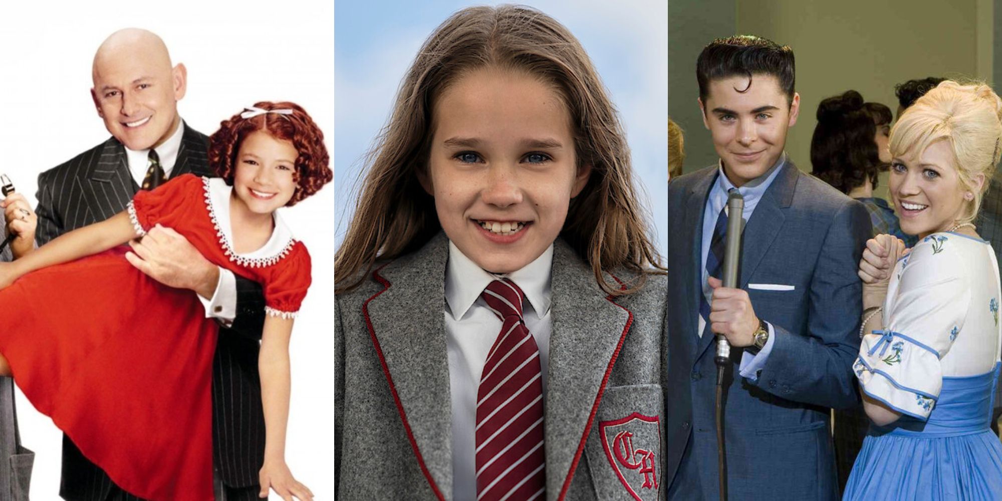 Split image showing characters from Annie, Matilda the Musical, and Hairspray