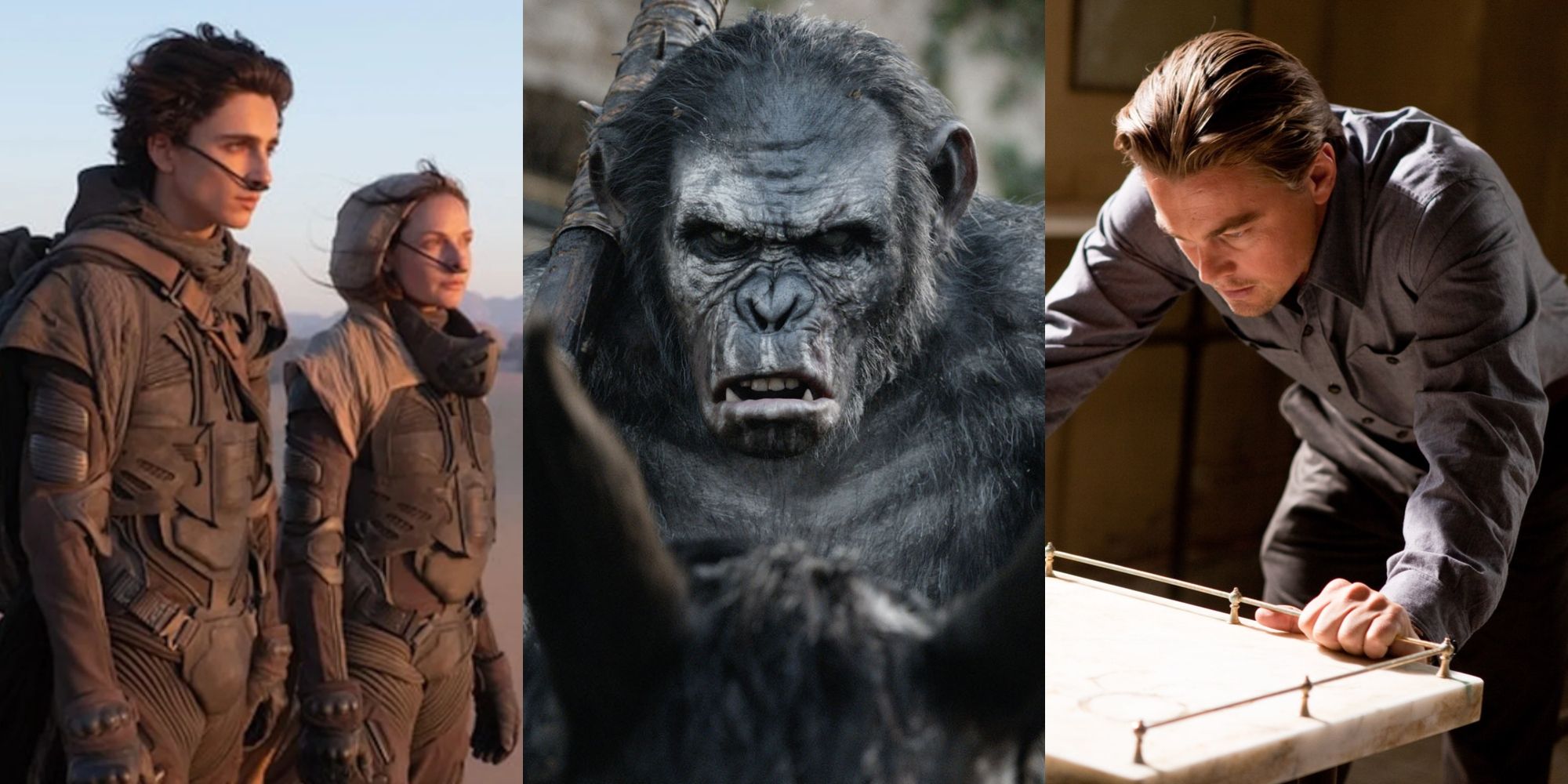 Split image showing characters from Dune, Dawn of the Planet of the Apes, and Inception