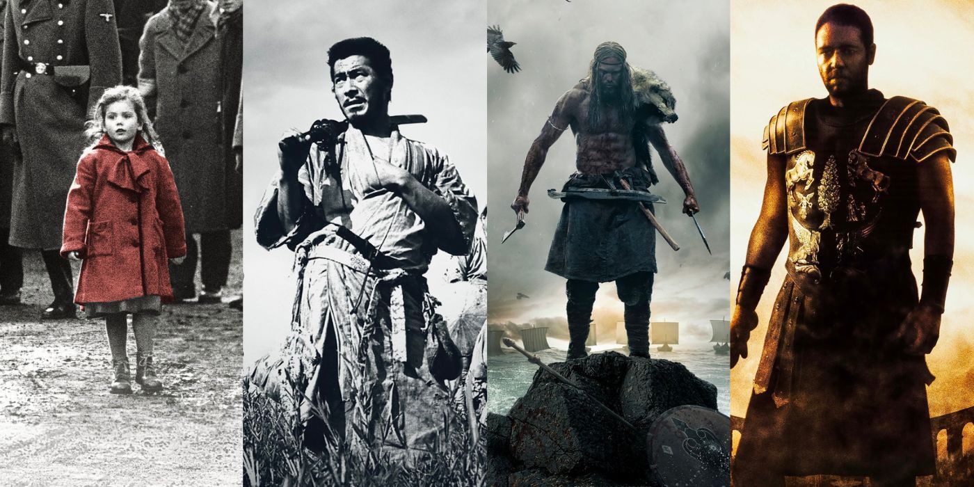 Characters from Schindler's List, Seven Samurai, The Northman, and Gladiator